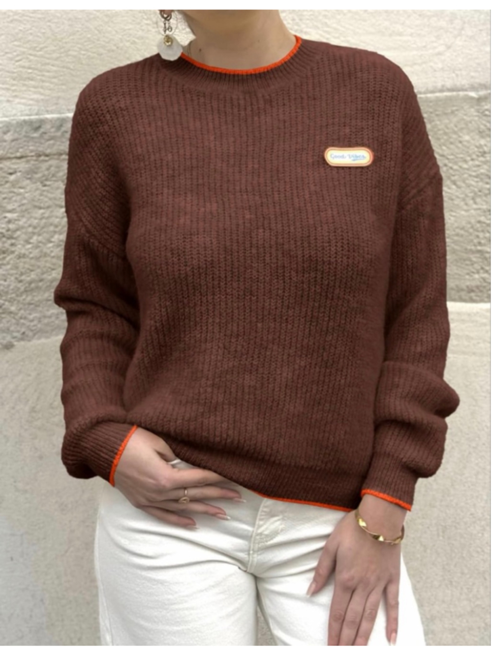 NEW Crew Neck Long Sleeve Knit Contrast Piping Strip Pullover Sweater M - Picture 4 of 7